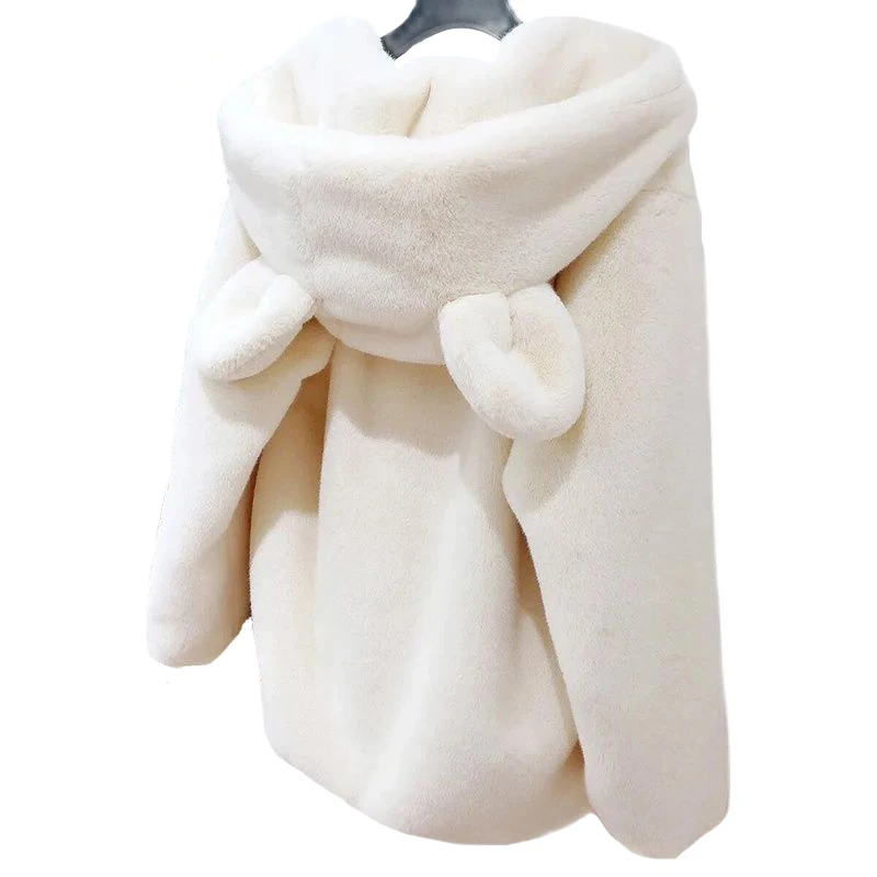 Moda Cappotto in pelliccia sintetica Inverno Donna Casual Orecchie da orso Giacca in peluche con cappuccio Manica lunga Inverno Imitazione pelliccia di visone Capispalla Feminino