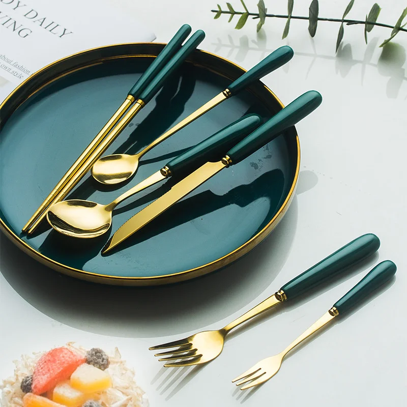 Nordic creative ceramic stainless steel knife and forks Emerald stainless steel knife forks spoon chopstick dark green cutlery