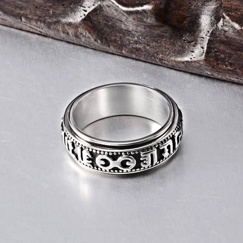 Stainless Steel Tibetan Buddhist Mantra Sanskrit Spinner Ring for Men Women Size 6-12