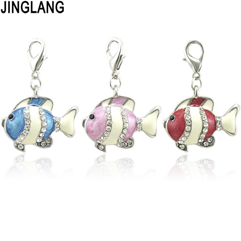 

JINGLANG Fashion Charms With Lobster Clasp Dangle Rhinestone Blue Enamel Fish Ainmal Charms Pendants Jewelry DIY Accessories