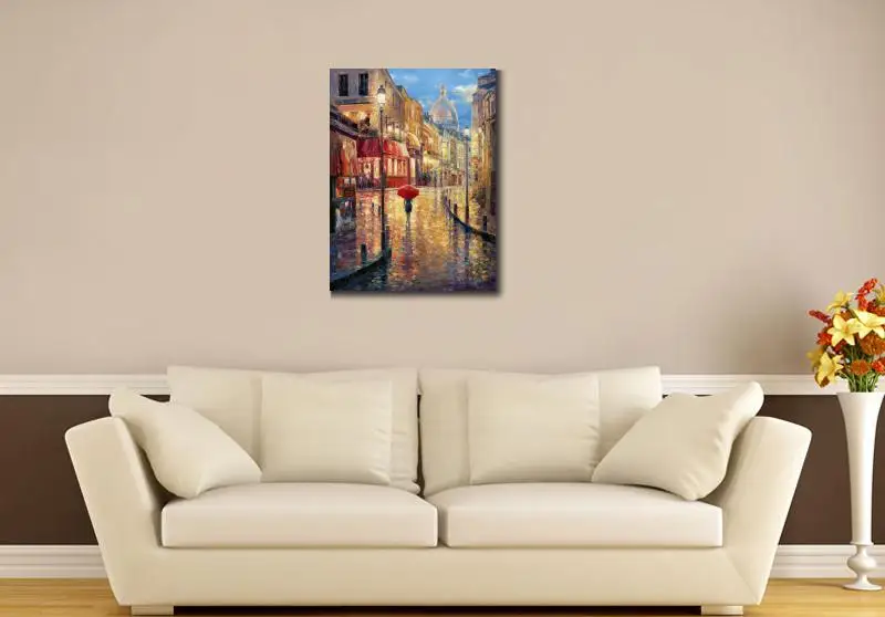 Modern Canvas Art Hand Painted Beautiful Oil Paintings Montmartre Evening City Scence Artwork for Living Room Decor High Quality