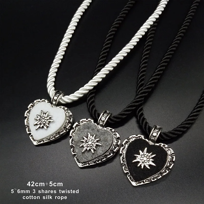 Bavarian Drawstring Cord Necklace Heart Edelweiss Pendant Ladies Costume Oktoberfest Jewelry Taditional German Pendant Necklace