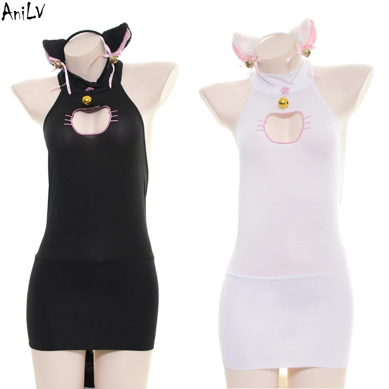 AniLV Anime Charming Cat Girl Halter Backless Dress Swimsuit Uniform Costume Cute Bell Tail Swimwear Set Pool Party Cosplay