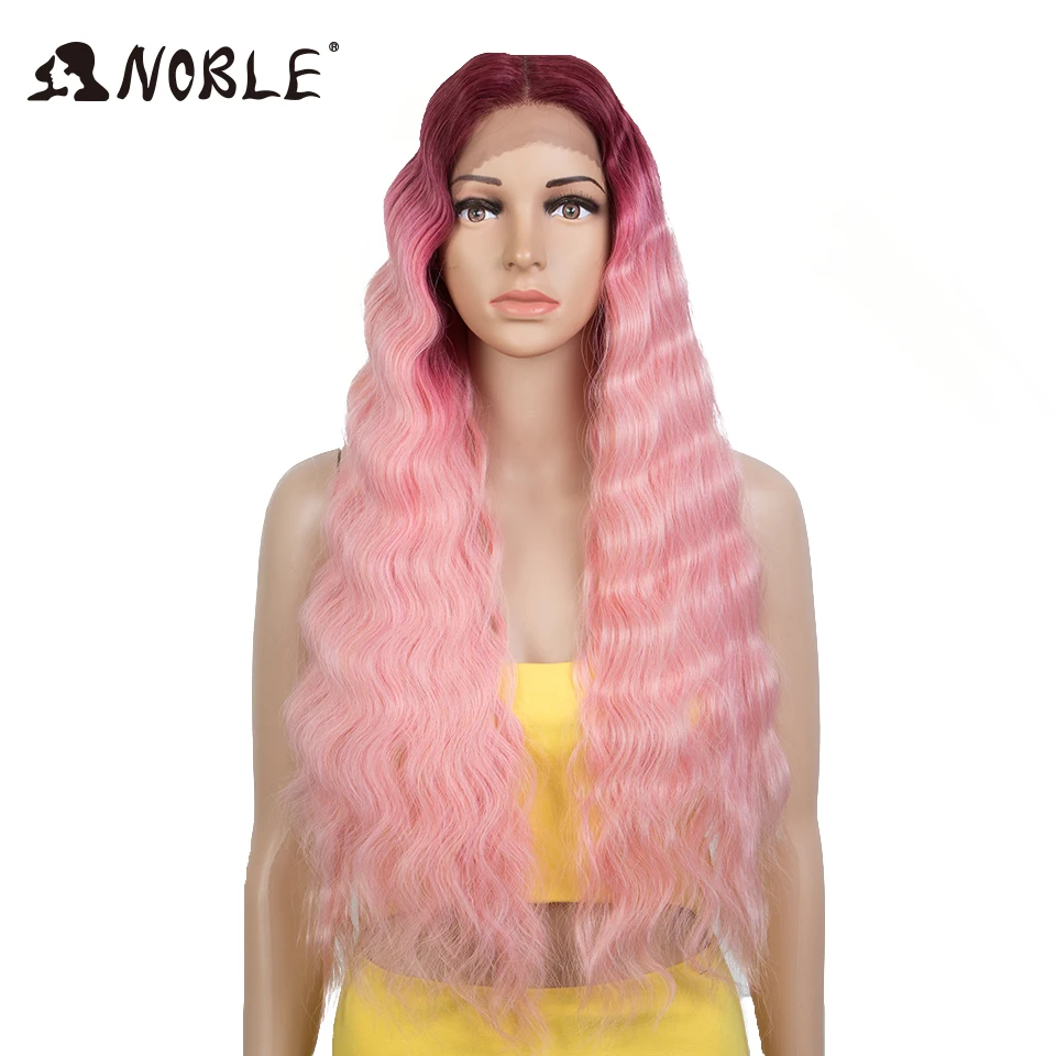 Noble Cosplay Synthetic Lace Wig  Long Wavy Lace Part  Wig 28 Inch Pink Wig Ombre Blonde Wig heat resistant wigs For Black Women