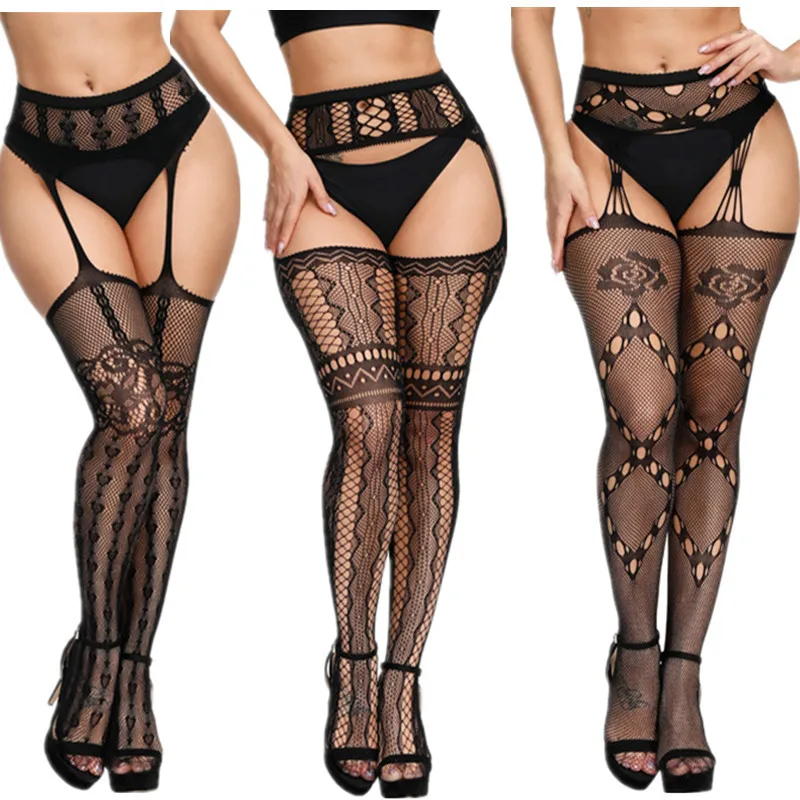 

Plus Size Sexy Women Tight Fishnet High Waist Transparent Stocking With Garter Belt Fishnet Pantyhose Open Crotch Lingerie Women