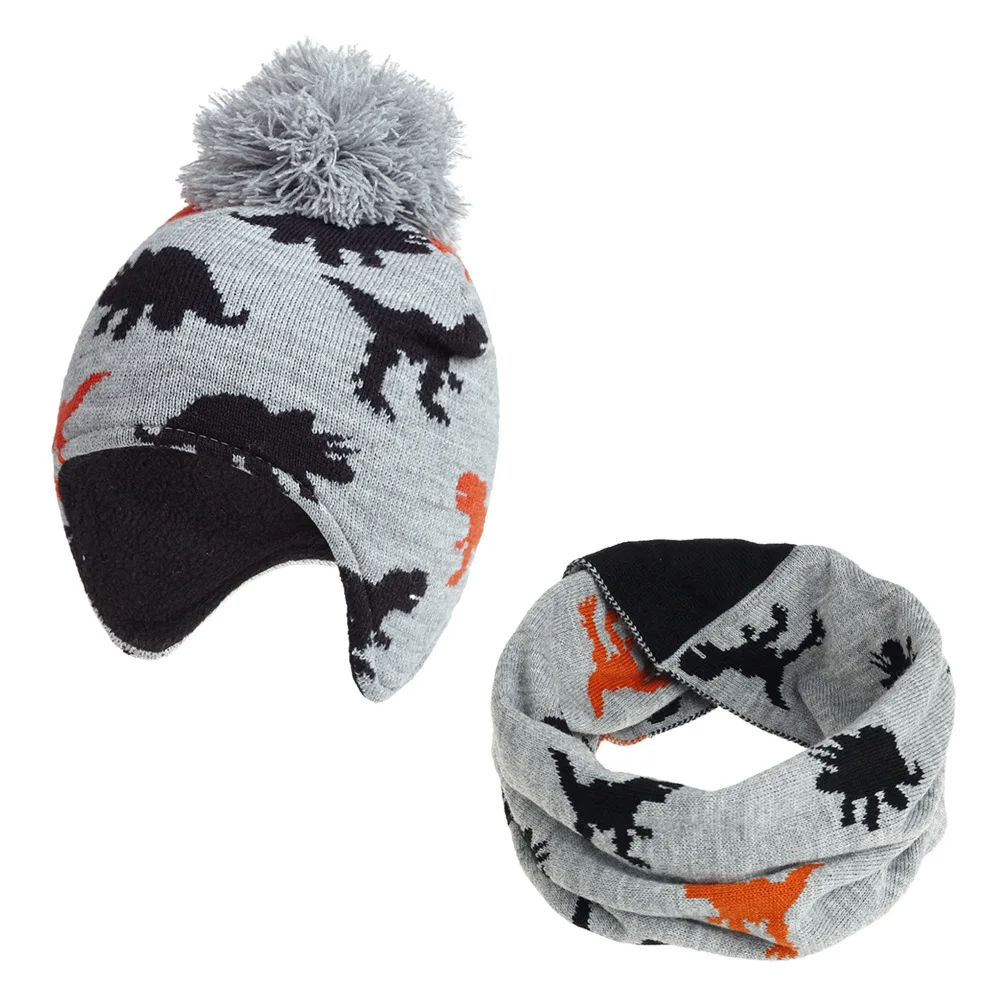 Kids Winter Hat Neck Gaiter Set Baby Toddler Boys Girls Dinosaur Fleece Lined Earflap Pompom Hat Neck Warmer Scarf Cold Weather