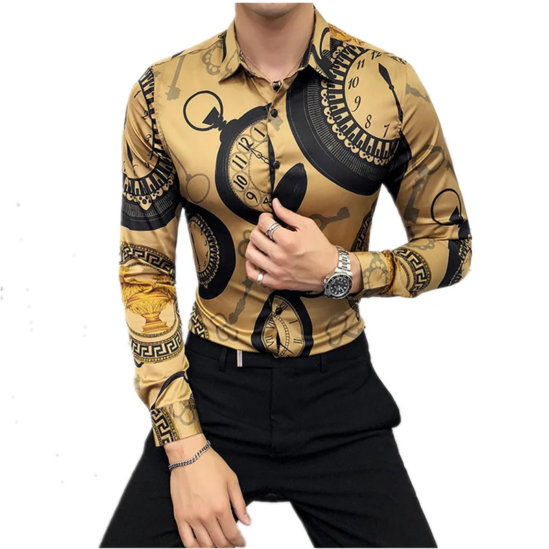 Luxury Print Men\'s Shirt Fashion Club Clothing Mens Designer Brand Floral Shirt Slim Long Sleeve Camisa Baroque Slim Party Shirt