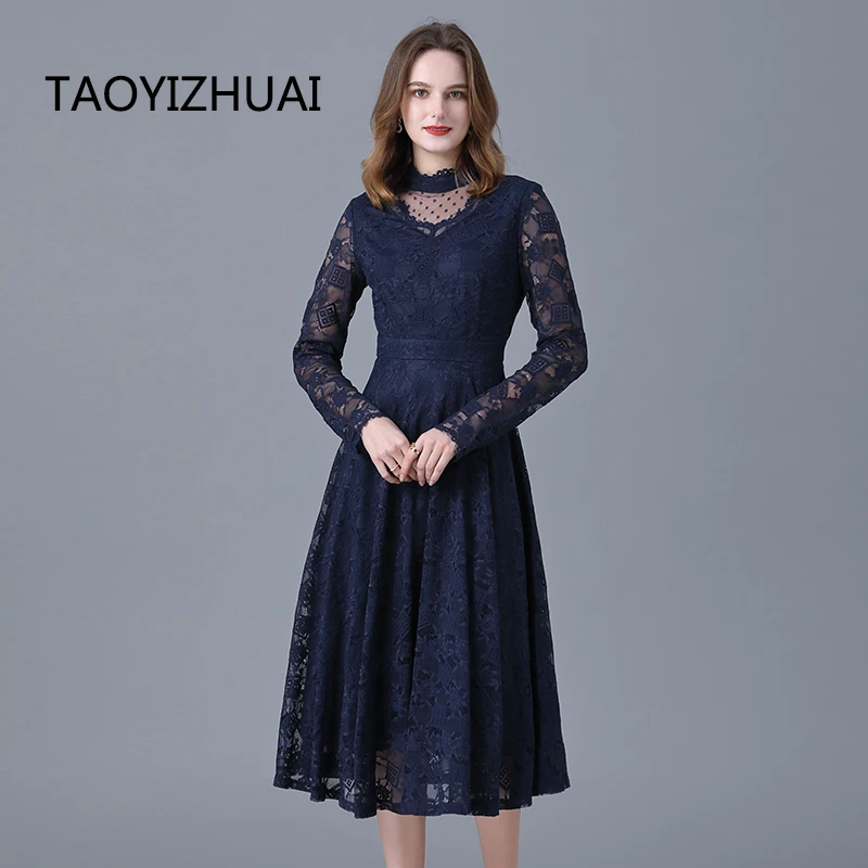 Brand lace dress women's spring and autumn dress new French medium length dress shows thin temperament over Knee Skirt