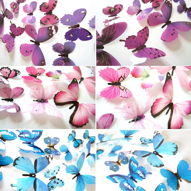 Pegatinas de pared 3D de mariposas, 12 piezas, Año Nuevo, decoración del hogar, decoración de boda, PVC, papel tapiz para sala de estar
