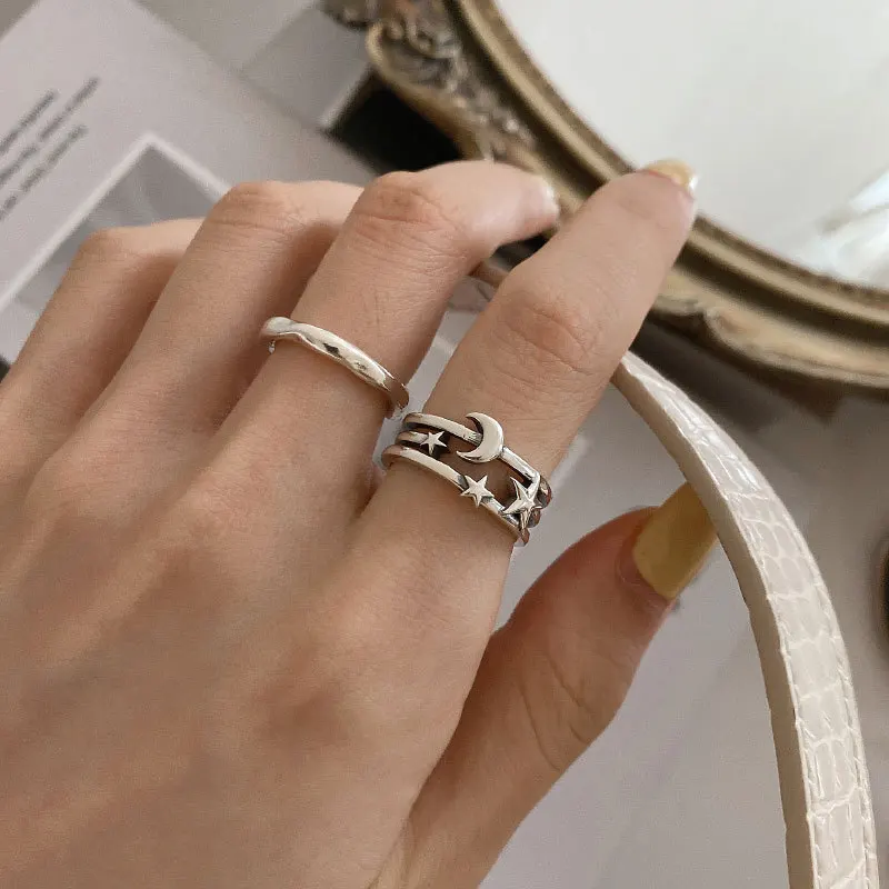 QMCOCO Silver Color Star Moon Double Layer Zircon Ring Female Simple Sweet Temperament Trend Fashion Gorgeous Jewelry