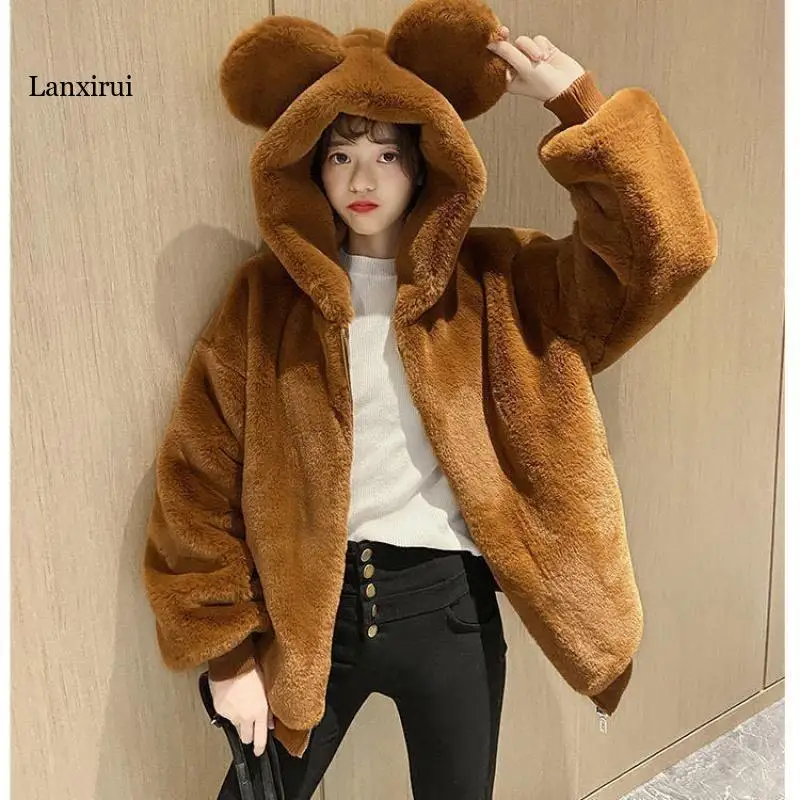 autumn/winter Japanese Kawaii women's coat new fashion loose plus velvet thick hooded sweatshirts furry clothes women jacket