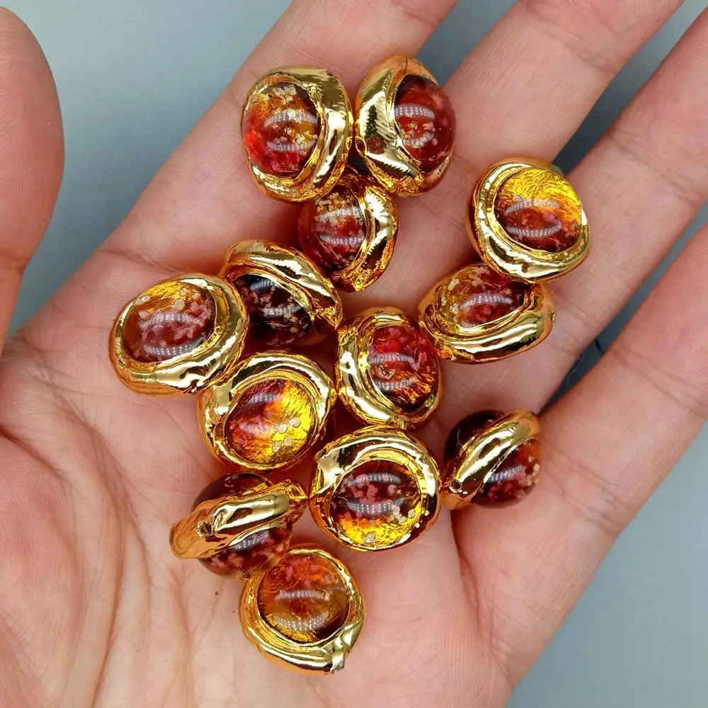 10 Pc 16mm Orange Color Noctilucent Murano Glass Round Gold Plated Beads For Bracelet Making Diy Accessories