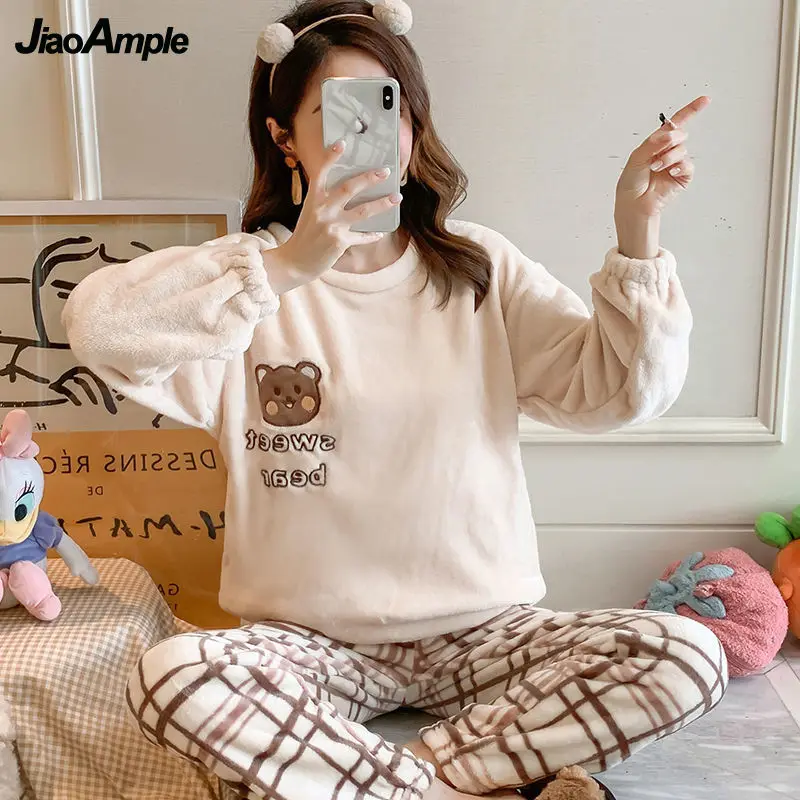 Flannel Pajamas Women Winter Warmth Thickened Long-sleeved Trousers Pijamas Two-piece Female Cute Nightwear Home Clothes Suit