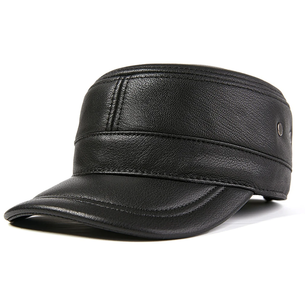 

Men's Real Leather Army Trucker Cap Winter Warm Flat Top Driving Ear Flap Hat