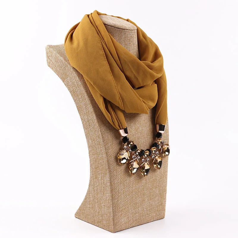 Elegant Girl Beads Necklace Pendant Ring Scarf Multi-style Lady Chiffon Solid Scarf Hijabs Muslim Head Scarve Turban Accessories