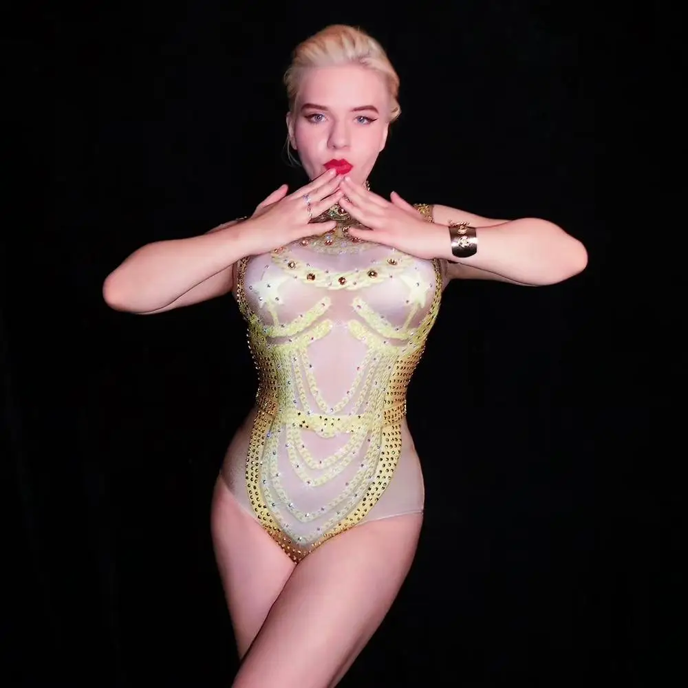 Christia Bella Sexy Gold Strass Paaldansen Bodysuits Vrouwen Stretch Jumpsuits Stadium Slijtage Nachtclub Party Dance Kostuums