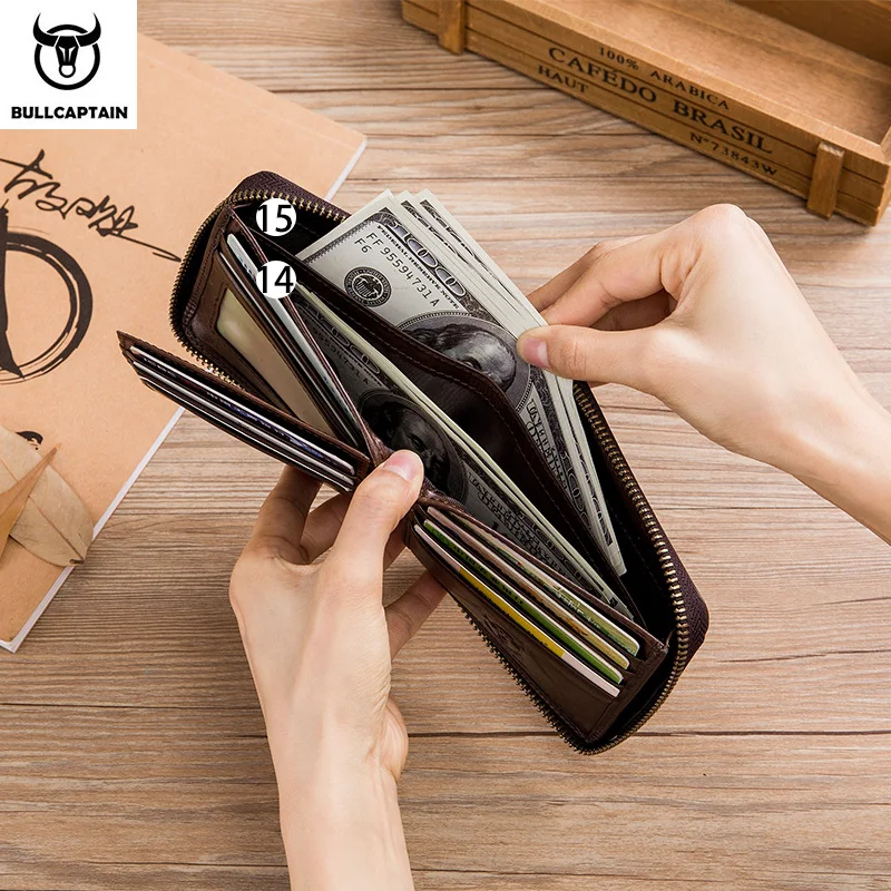 BULLCAPTAIN Genuine Leather Men\'s Wallet Vintage Zipper with Partition Clip RFID Credit Card Holder Burglar Leather Mini Wallet