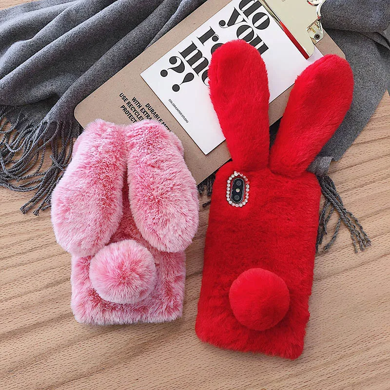 Bunny Fur Case For Xiaomi Redmi Note 10 9 Pro Max 10S 9S 9T 9A 9C Rabbit Plush Case for Note 8 7 Pro 8T 8A 7A Mi F2 X3 NFC Coque