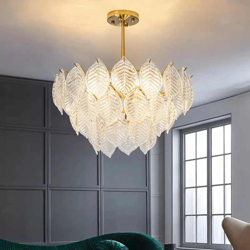 

Nordic Light Luxury Living Room Lamp Atmospheric Villa Leaf Glass Chandelier Double-Layer Three-Story Model Room Exhibition Hall