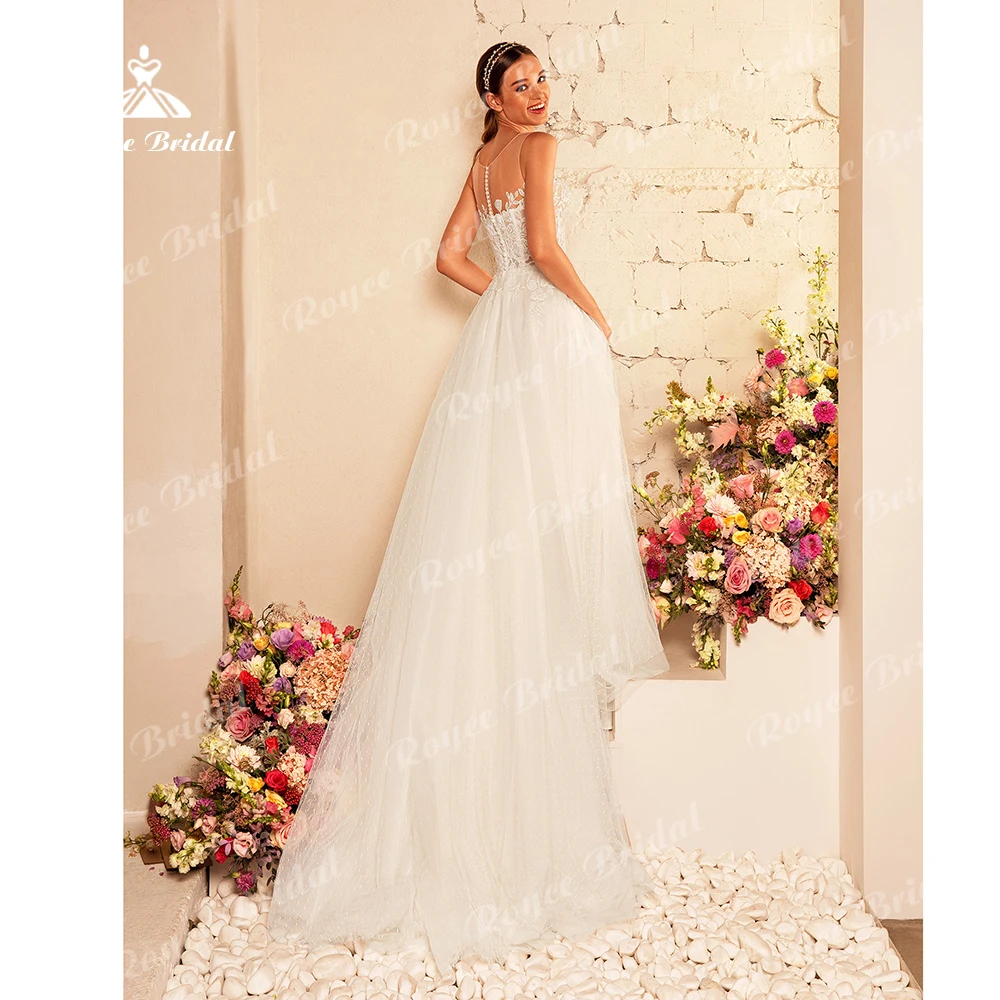 Bohemian stilvolle Hochzeit Kleid Sweep Zug EINE Linie Ärmellose Tüll Weiß Brautkleid Für Frau Einfache Robe De Mariage