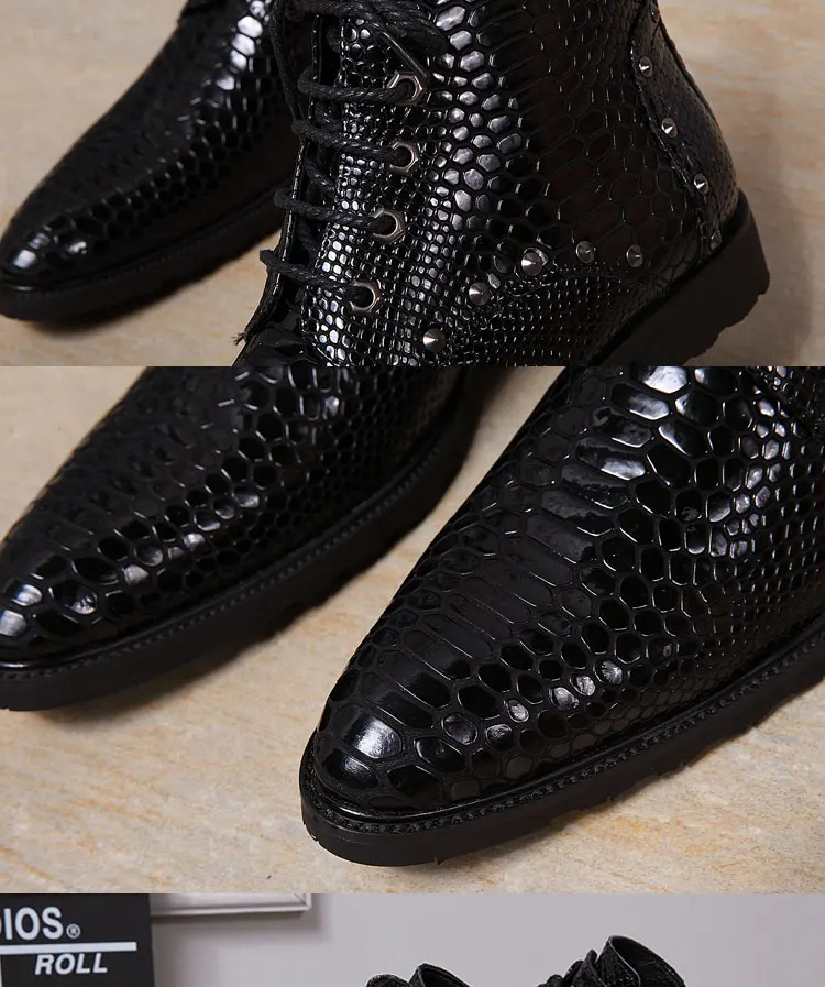 Frühling und Herbst Spitze High-Heel-Stiefel für Herren Großbritannien Oberschichtleder Schnürstiefel mit Nieten Serpentinen Show Office Herrenschuhe – Detail 19