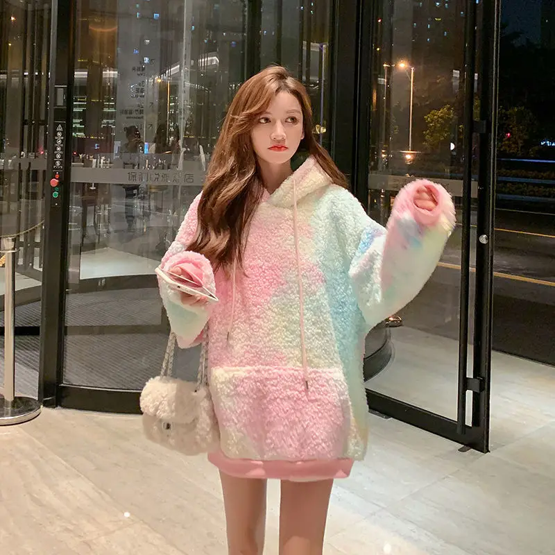 2021 New Winter Rainbow Kawaii oversize Harajuku felpe con cappuccio da donna felpa calda dolce top High Street abiti in stile coreano