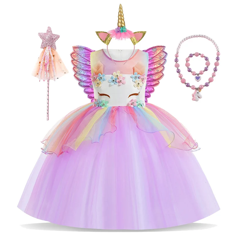 Christmas Flower Girl Unicorn Rainbow Costume Wedding Party Dress Kids Birthday Party Unicorn Role Dance Performance Dresses