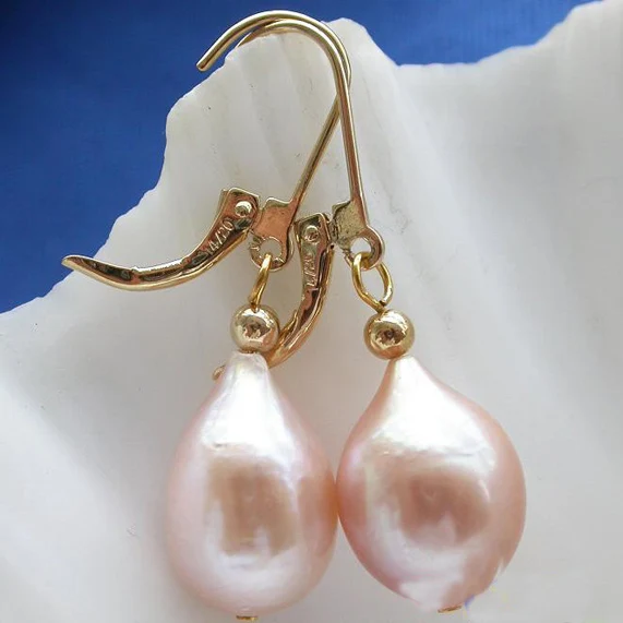 

New Favorite Pearl Jewelry Huge 15mm Pink Drip Genuine Freshwater Pearls 14k/20 Gold Dangle Earrings Classic Lady Gift