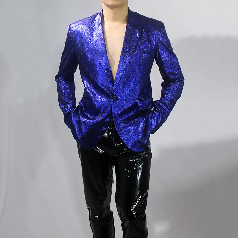 

Men's Rock Singer Bar Stage Glitter Blazer Performance Costume Green Blue Silver Spring Autumn Thin Style Casual Coat
