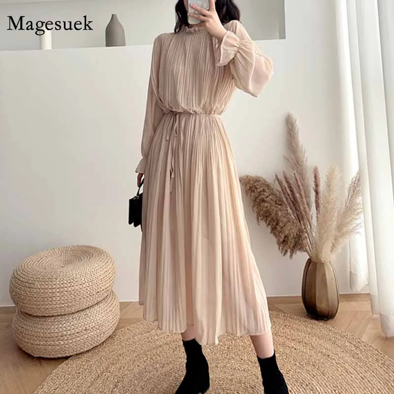 

Loose Stand Collar High Waist Waistband Slim Long Dress Autumn Korean Style Elegant Elegant Pleated Chiffon Dress Women 12536