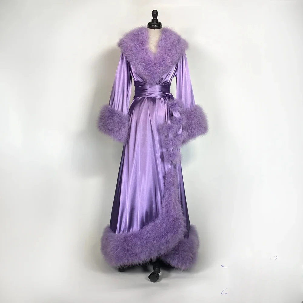 Albornoz Morado para mujer, vestidos de noche, camisón de seda elástica con plumas, ropa de dormir, lencería, vestidos de ocasión, chal