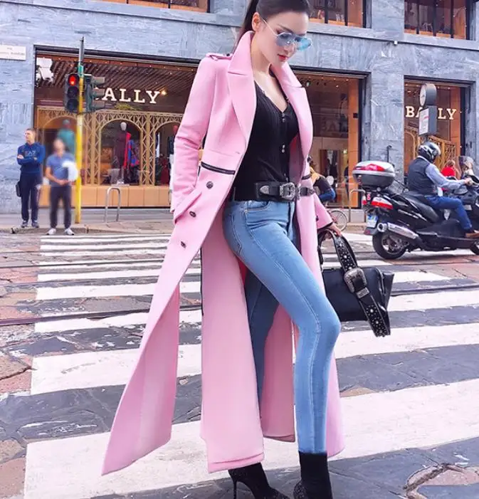 

x-long split pink woolen overcoat women double breasted wool blends