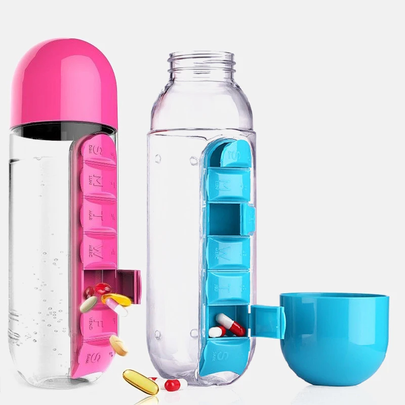 600Ml 7 Days Drug Organizer Water Bottle with Pillbox Plastic Drink Bottle with Medicine Pills Box Travel  Drinking Container