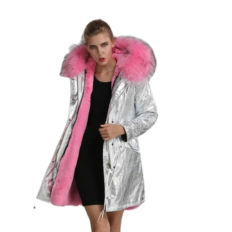 

Winter Sliver Long Parka PU Leather Warm Jacket Mrs Wear, Thickness Ladies Casual Wear S-3XL