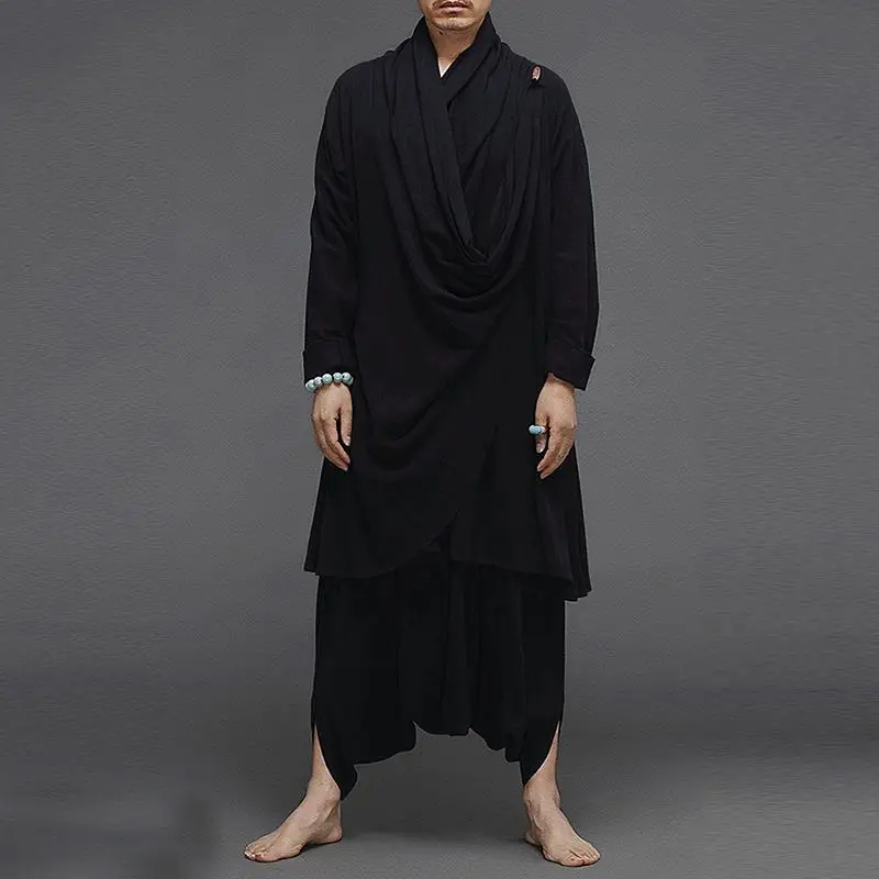 2025 Men Solid Color Sets Men Cotton Streetwear Turtleneck Long Sleeve Irregular Cloak Coats Drop Crotch Pants Vintage Men Suits