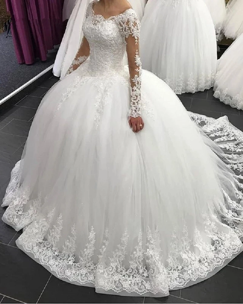 Angelsbridep Robe De Mariee Elegant Long Sleeves Wedding Dresses Lace Ball Gown Tulle Princess Lebanon Wedding Gowns Plus Size