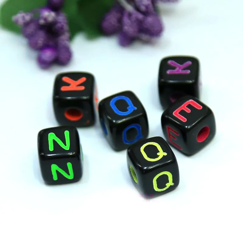 

Free Shipping 10mm 550pcs Black With Neon Colors Alphabet Letters Beads Cube Square English Character Initial Bracelet Spacers