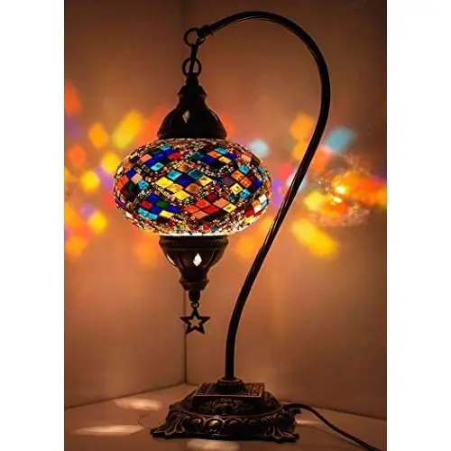 

(33 Colors) LaModaHome English Moroccan Mosaic Table Lamp with US Plug & Socket, swan Neck Handmade Desk Bedside Table Night Lam