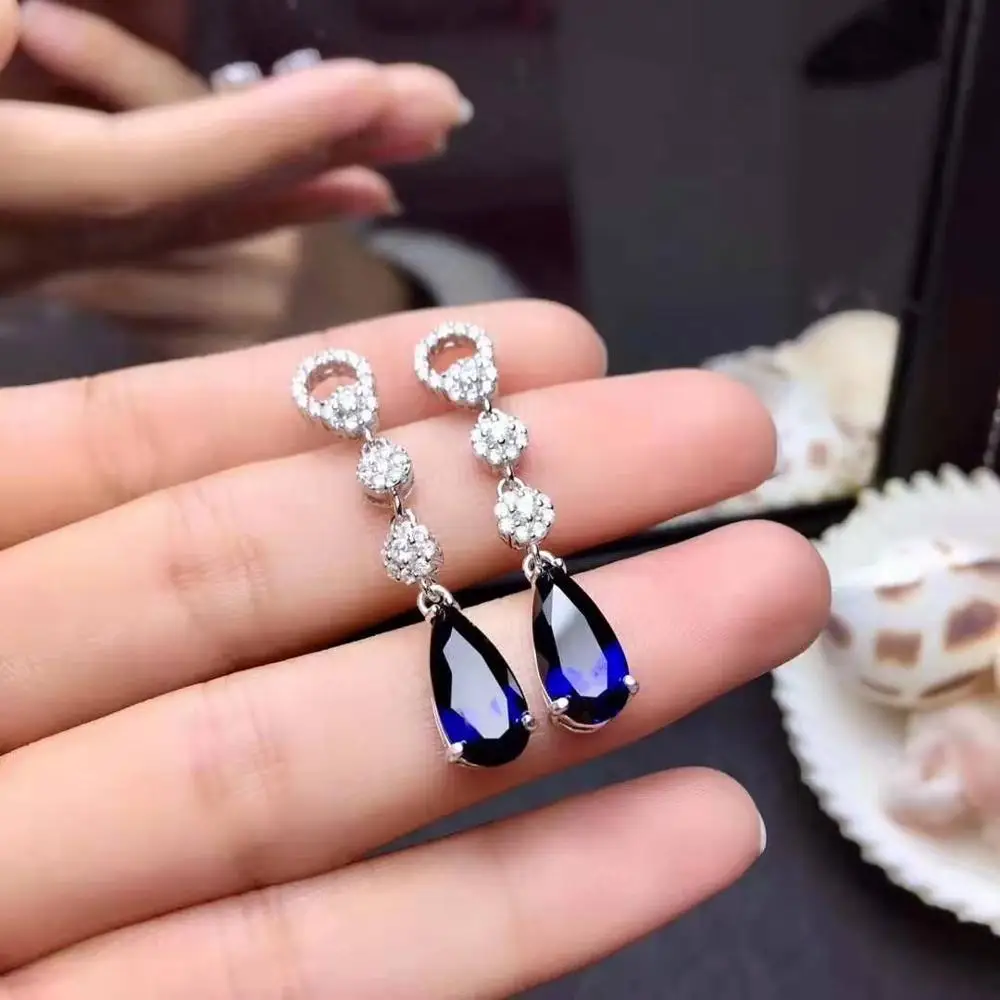 

FS 6*12mm Natural Sapphire Drop Earrings S925 Pure Silver With Certificate Fine Fashion Charm Weddings Jewelry for Women MeiBaPJ