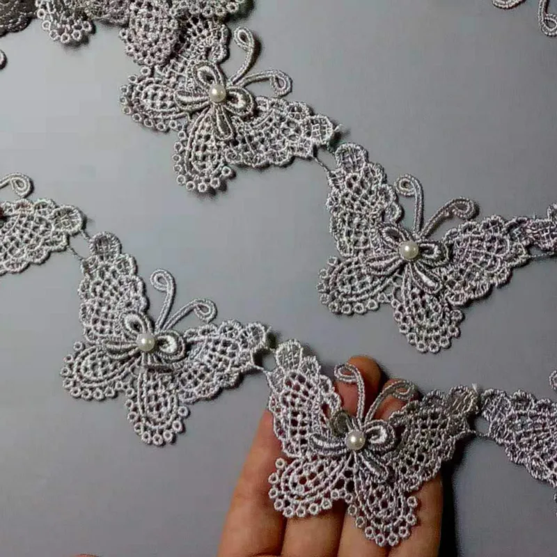 2 Yard Gray Butterfly Pearl Embroidered Lace Trim Ribbon Applique Sewing Craft Crochet Fabric Edging Trimmings Wedding