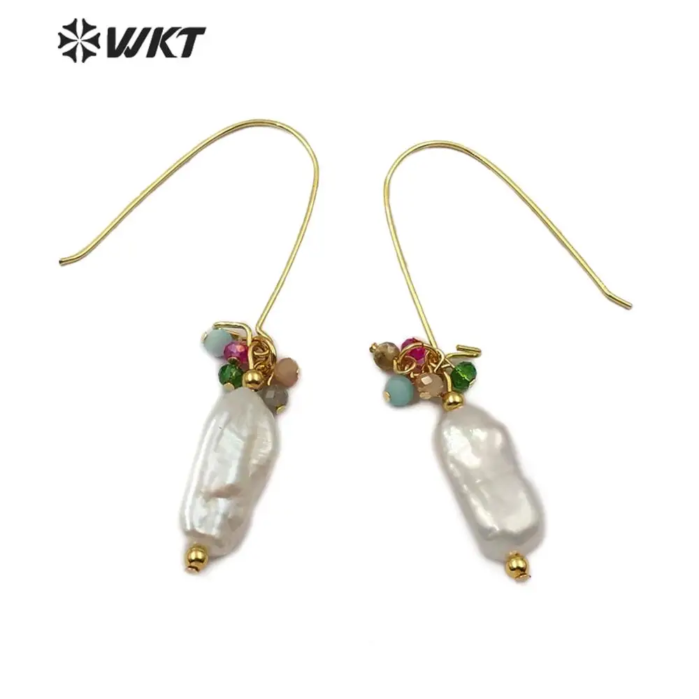 

WT-E577 Natural Freshwater Pearl Earring In Drop Shape Colorful Stone And Gold Beads For Lady Summer Sea Beach Jewelrys