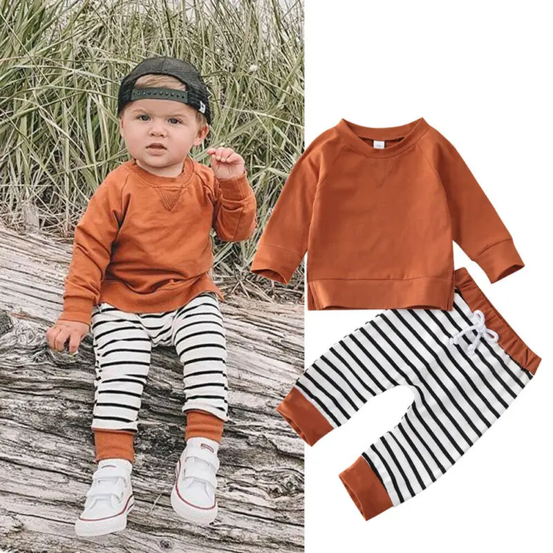 Baby Spring Autumn Clothing Toddler Kid Baby Boy Solid Long Sleeve T-shirt Striped Long Pants 2Pcs Outfit Set Clothes 0-24M