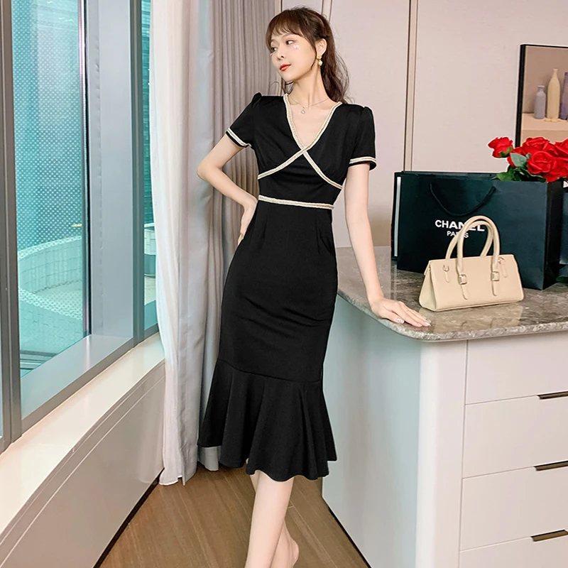 

Fashion Summer Korean Style Vintage Short Sleeve Midi Party Dress Ladies Elegant Streetwear Casual Bodycon Beach Black Dress