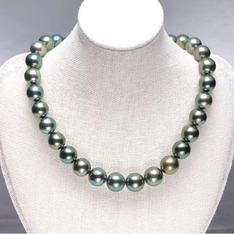 

stunning AAA 11-12mm freshwater black green pearl necklace 18inch 925silver