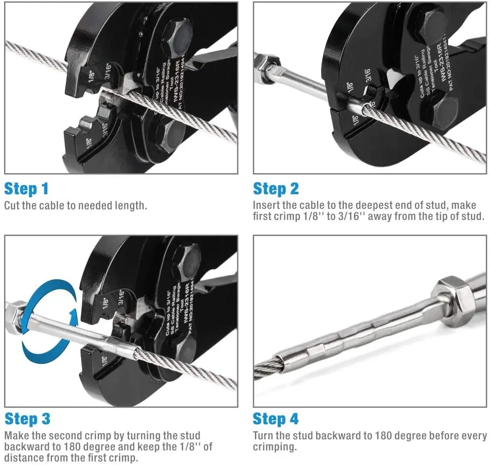 IWISS IWS-2316R - 1/8 to 3/16 Inch Cable Railing Crimping Plier for Tensioning Stainless Steel Wire Rope on Decks and Railings