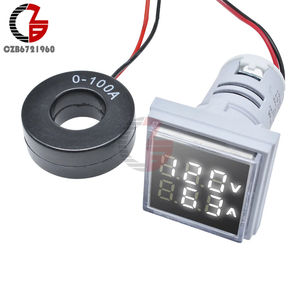 22mm AC 50-500V 0-100A LED Digital Voltmeter Ammeter 220V 110V Square Voltage Current Meter Volt Detector Tester Monitor