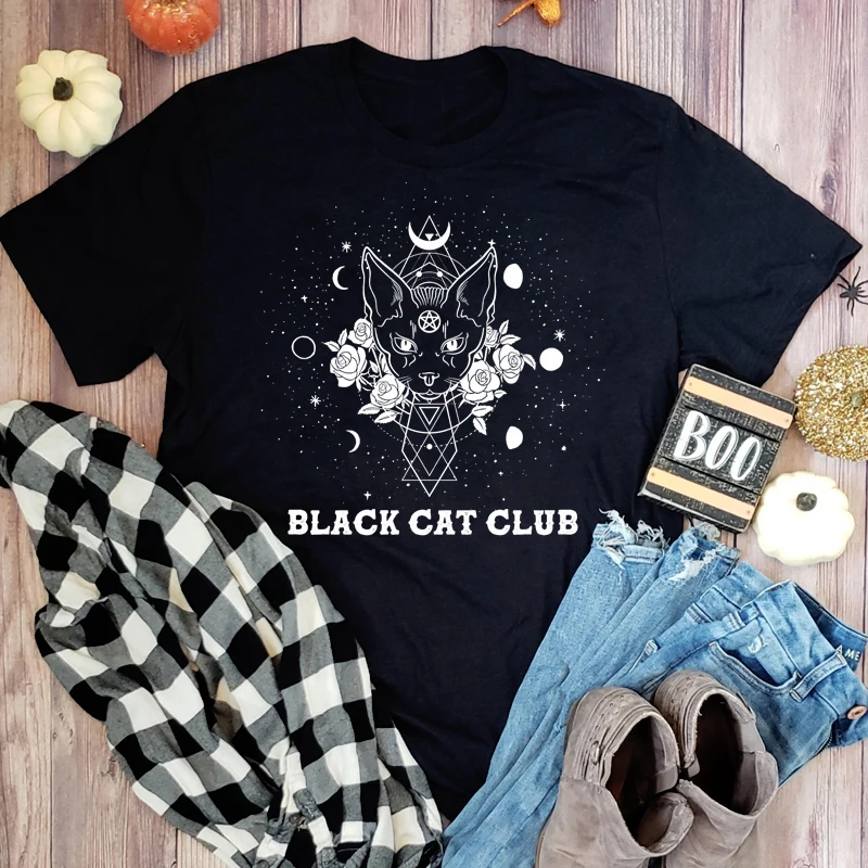 Black Cat Club 100% Cotton T-shirt Gothic Sphynx Cat Lover Gift Tshirt Aesthetic Women Boho Moon Phases Goth Top Tee Shirt