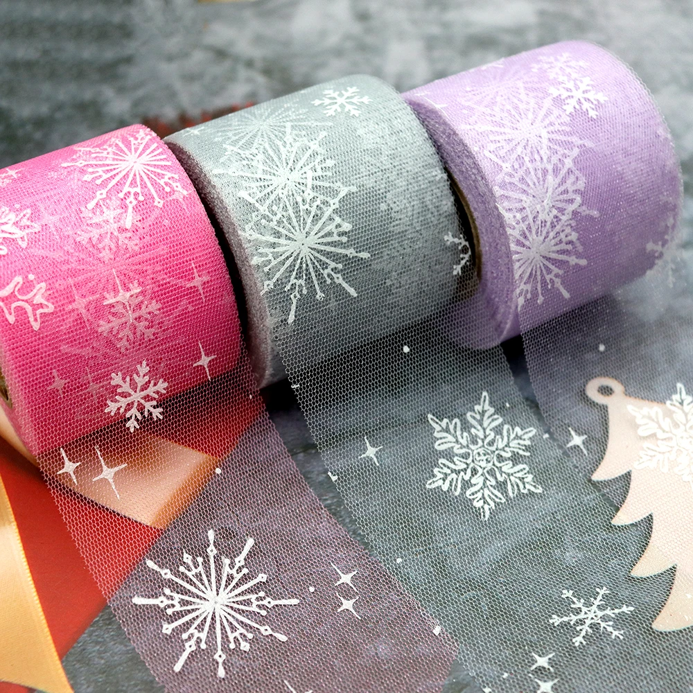 6cm 25yards White Snowflake Printed Tulle Mesh Organza Ribbon DIY Hairbow Christmas Tree Box Wrapping Winter Home Decor Supplies