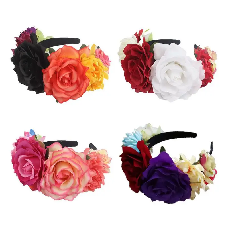 

Christmas Halloween Multicolor Rose Flower Headband Cosplay Day of the Dead Wreath Crown Festival Mexican Headpiece