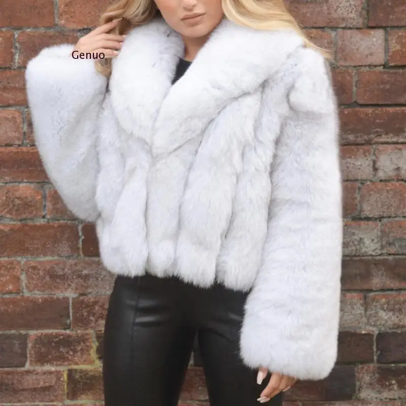 Women Warm Faux Fox Fur Coat Winter Imitation Fur Jacket Outerwear Luxury Fluffy Fox Fur Coats Turn Down Collar High Quality